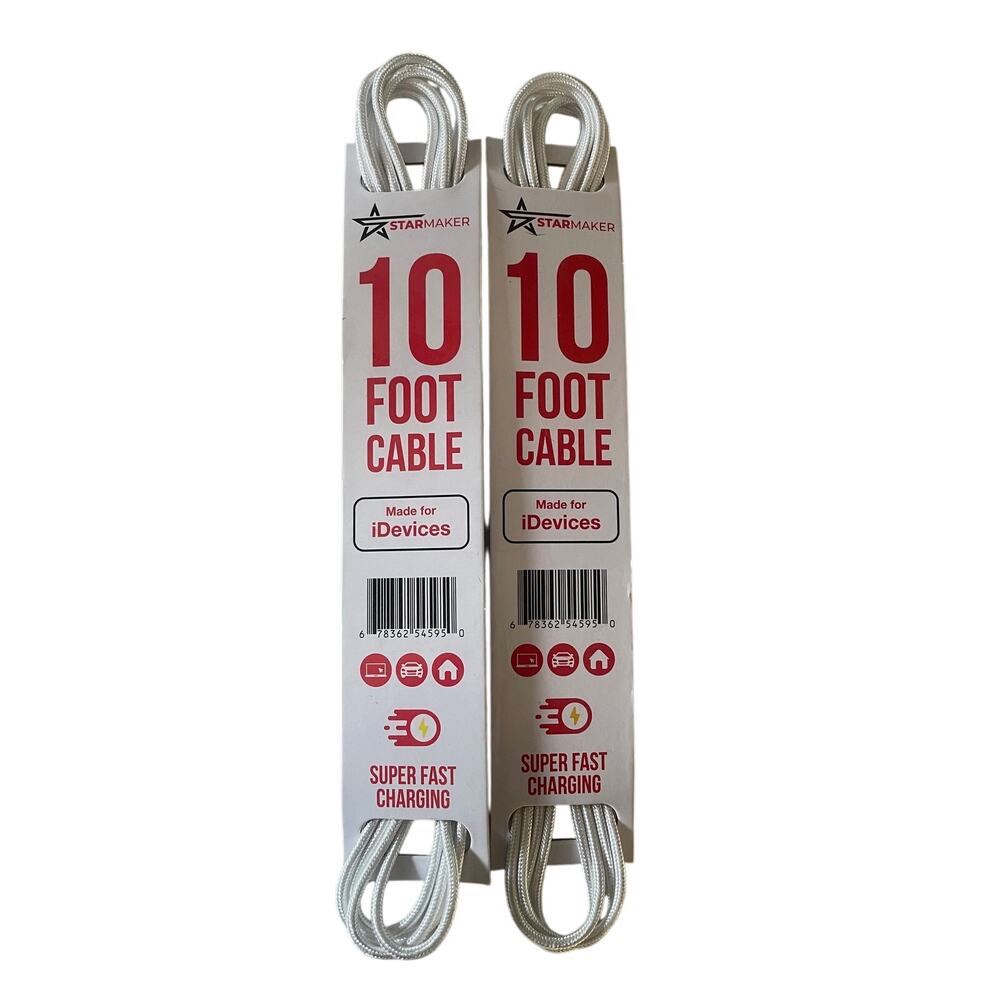 2 Pack Star Maker 10 Foot USB Charging Cord Cable Made for Idevices iphone ipad